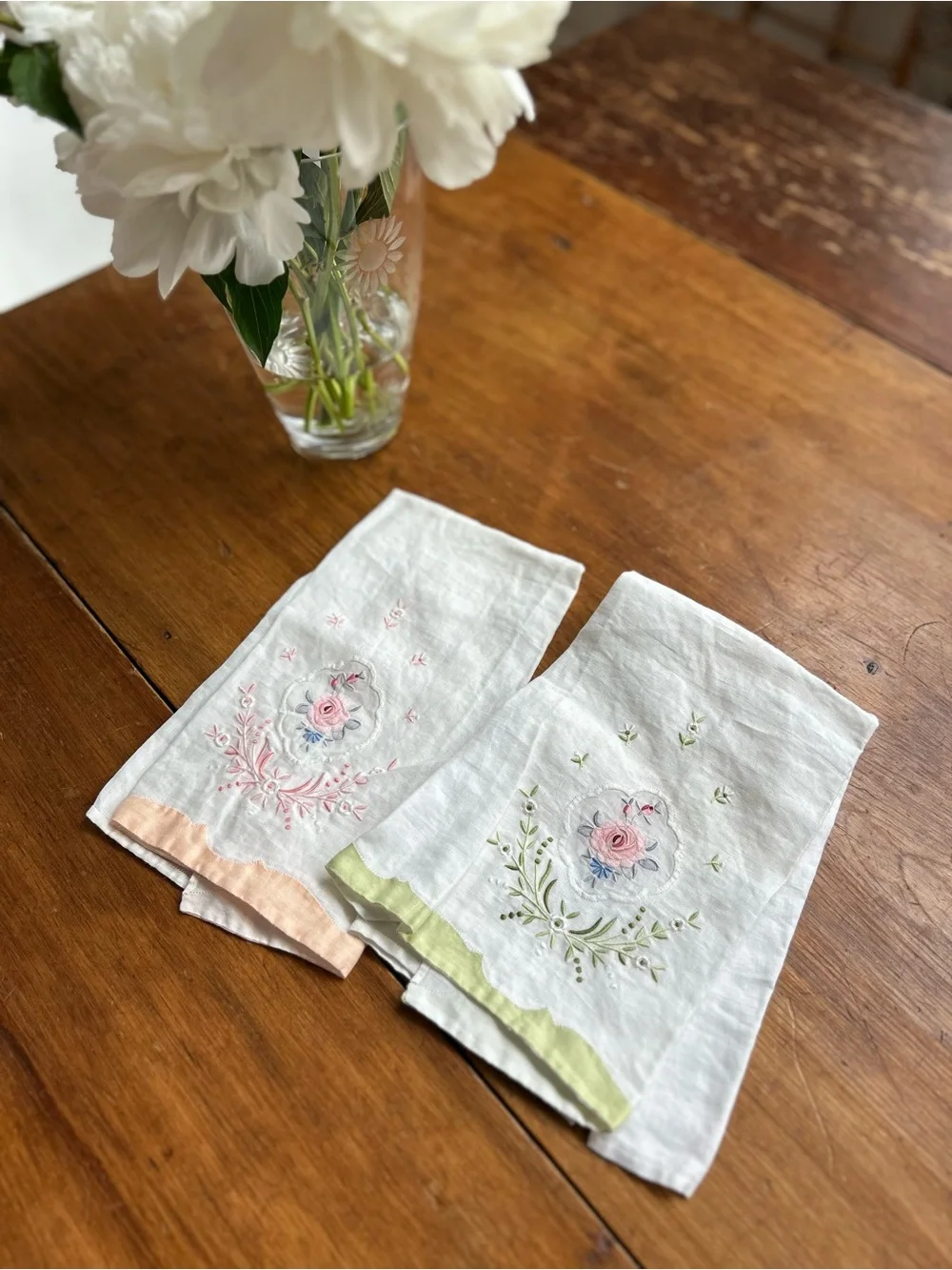 Embroidered Floral Linen Tea Towels - Pink & Green Accents